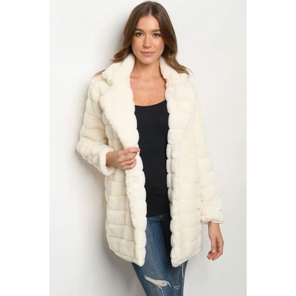 Faux Fur Collared, Long Buttoned Coat Ivory Large - Picture 3 of 6